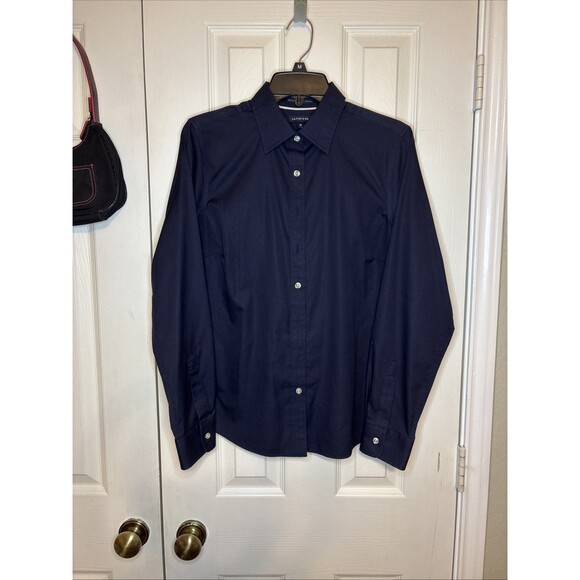Lands’ End Women’s Size 10 Button Down Shirt Navy Blue, No Iron Oxford Polo - Picture 1 of 5